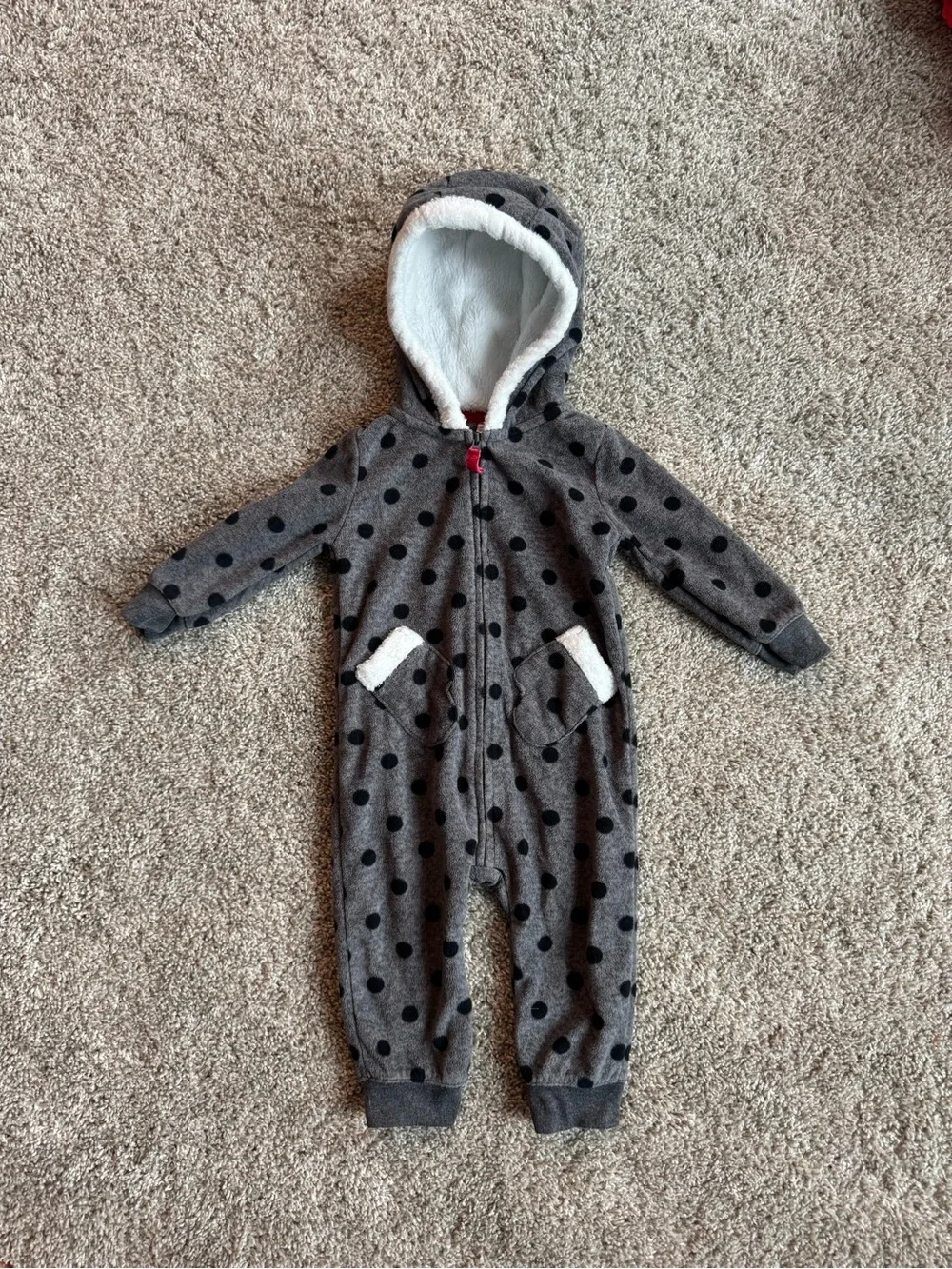 Carter’s Baby Fleece One Piece Size 9M Gray Polka Dot Hooded Zip Romper